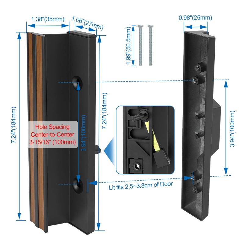 Baomain Surface Mount Sliding Patio Door Handle Set, 3-15/16" Hole Spacing C-to-C, Clamp Style Aluminum Replacement for Sliding Glass Doors, Black with Woodgrain Finish - Image 3